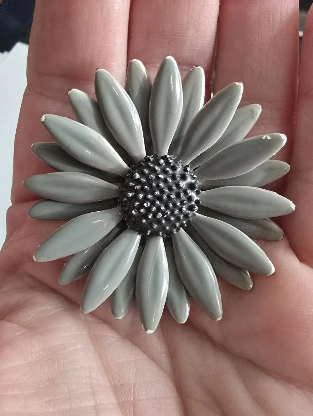 Vintage flower brooch tone floral pin enamel grey gray
